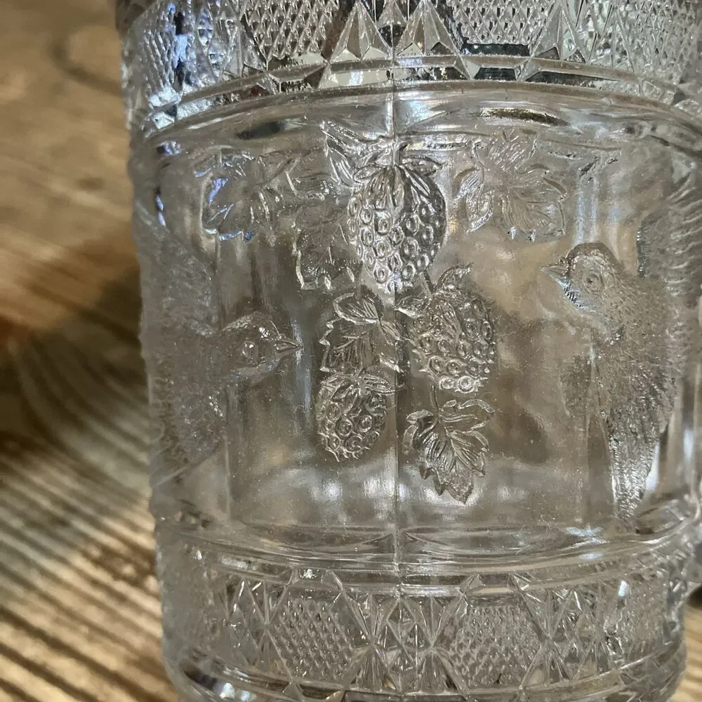 Antique EAPG Indiana Glass Footed Bowl + Creamer Set Birds Strawberries Pattern